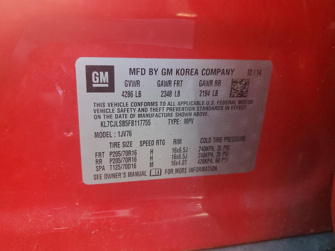 KL7CJLSB5FB117755 2015 Chevrolet Trax 1Lt