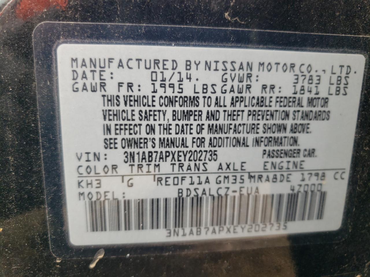 3N1AB7APXEY202735 2014 Nissan Sentra S