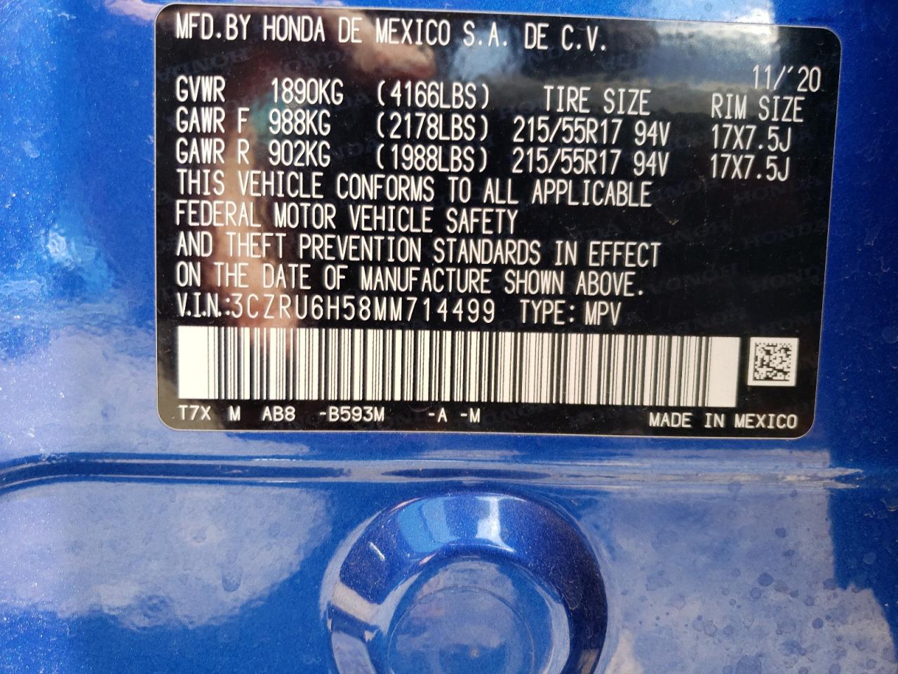 3CZRU6H58MM714499 2021 Honda Hr-V Ex