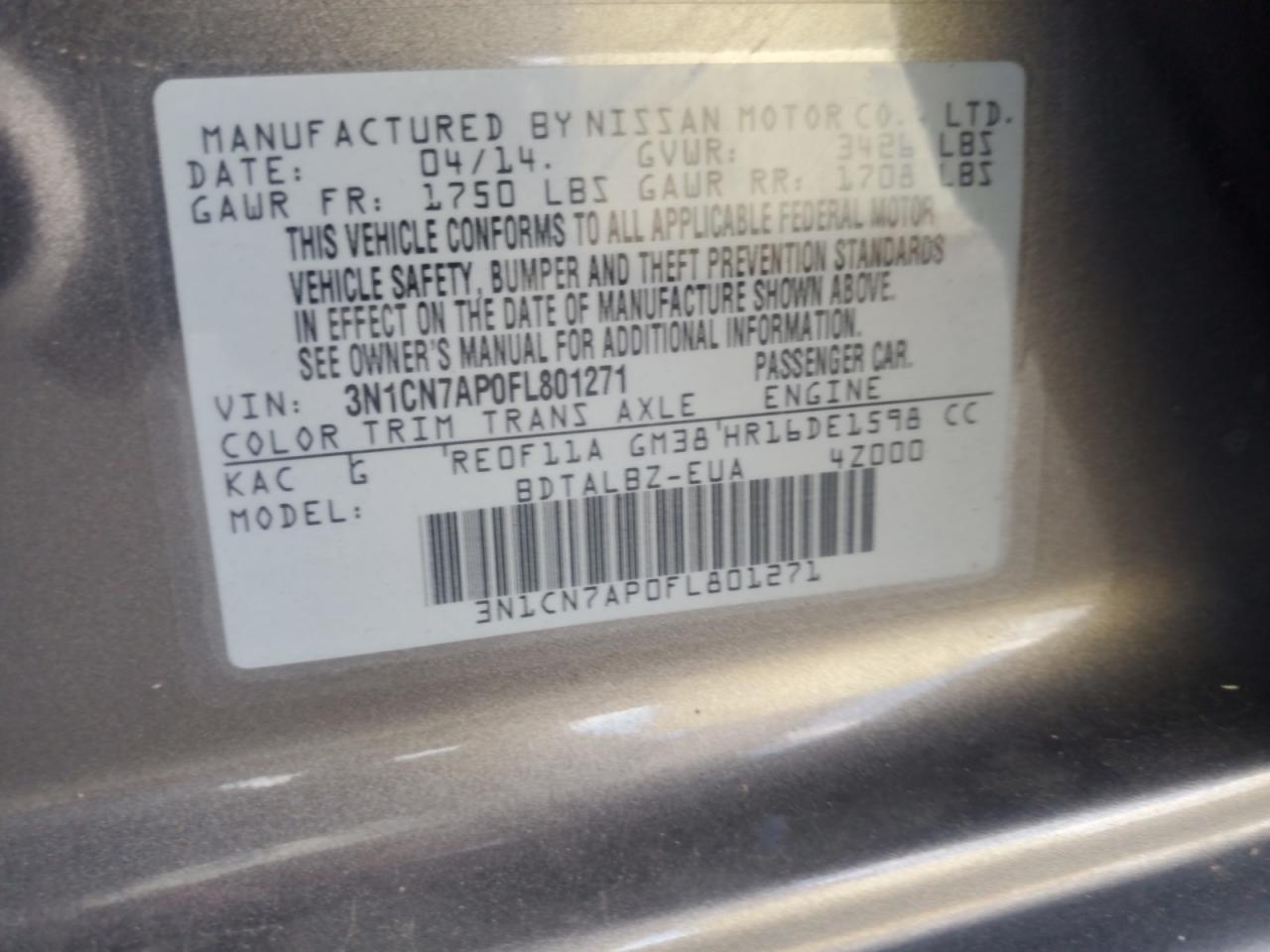 3N1CN7AP0FL801271 2015 Nissan Versa S