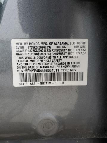 2009 Honda Pilot Ex VIN: 5FNYF48449B031511 Lot: 56756414