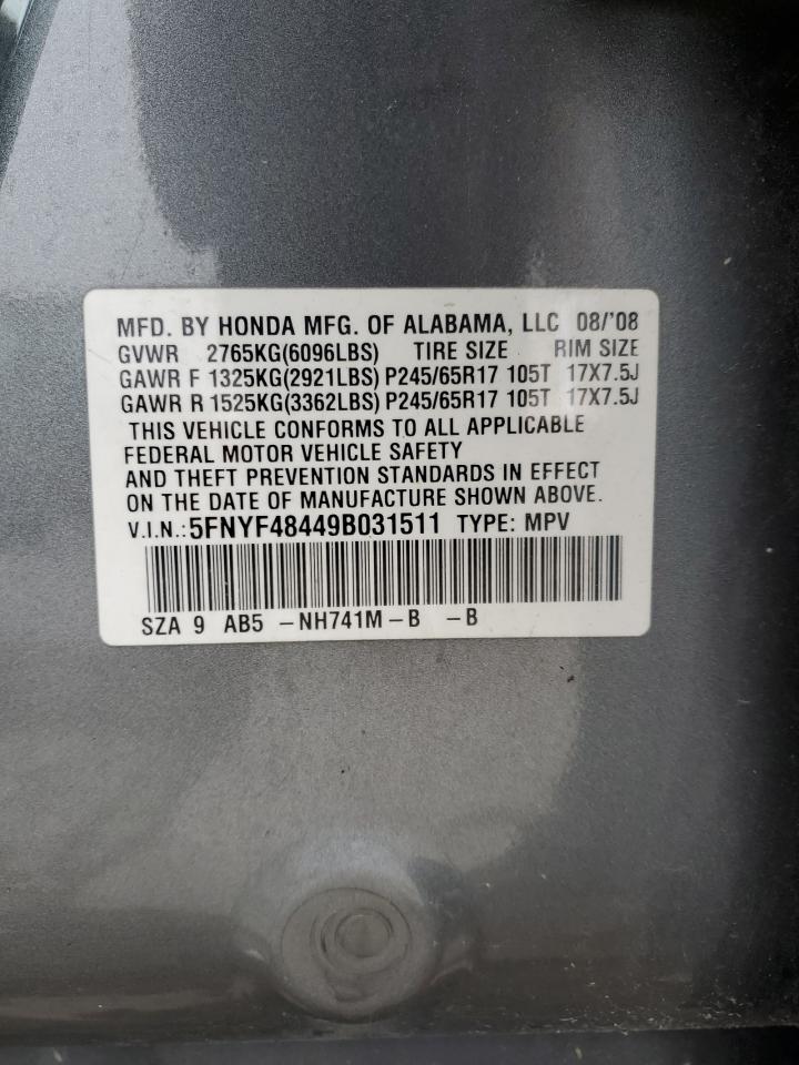 5FNYF48449B031511 2009 Honda Pilot Ex