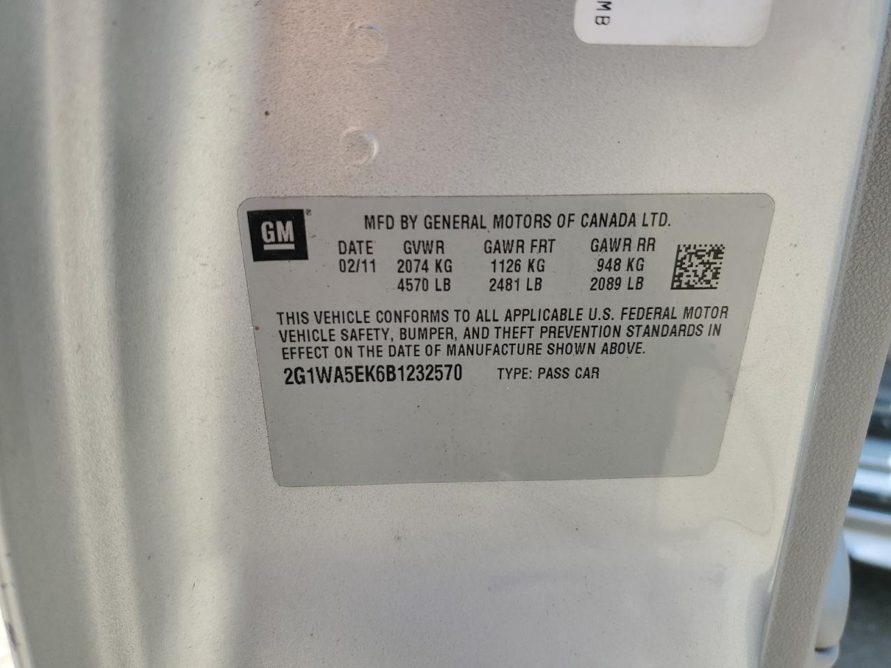 2G1WA5EK6B1232570 2011 Chevrolet Impala Ls