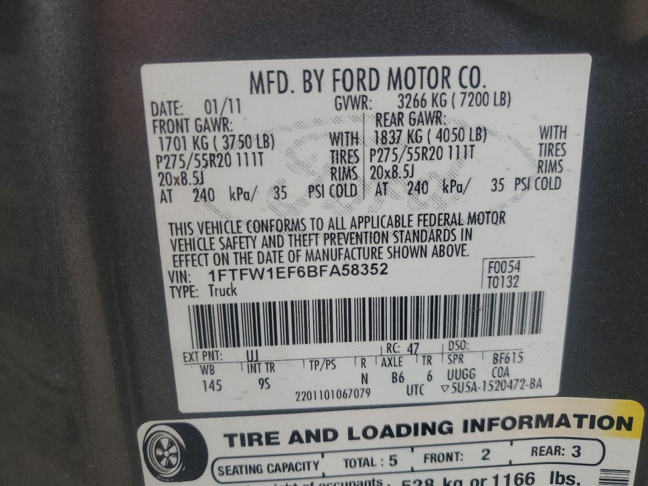 1FTFW1EF6BFA58352 2011 Ford F150 Supercrew