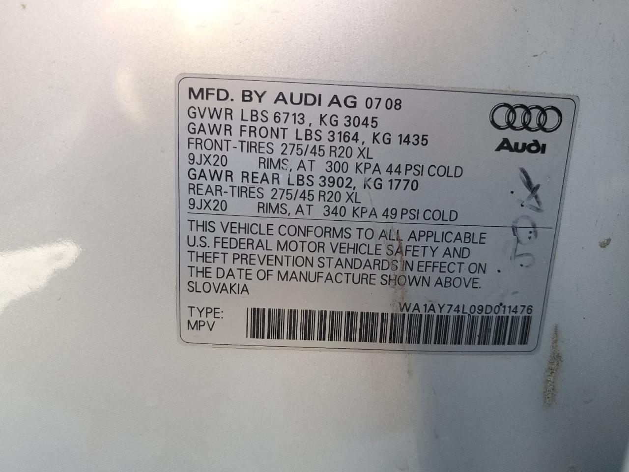 WA1AY74L09D011476 2009 Audi Q7 3.6 Quattro