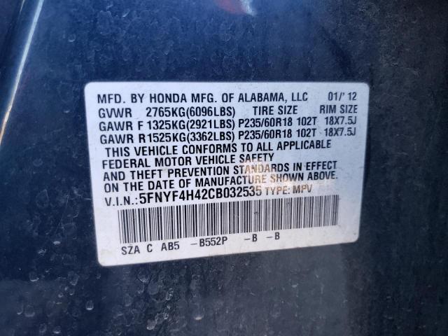 2012 Honda Pilot Ex VIN: 5FNYF4H42CB032535 Lot: 55726984