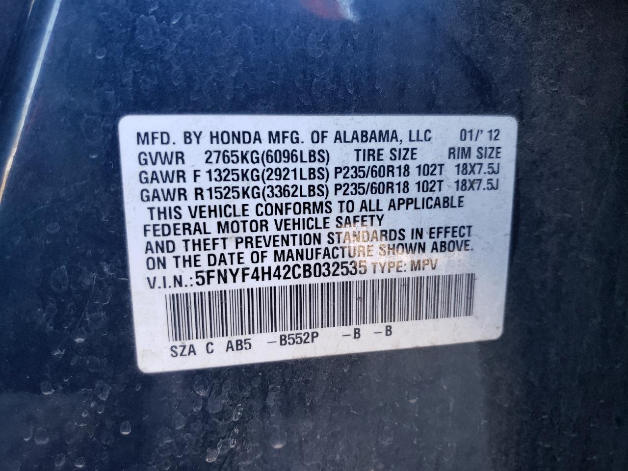 5FNYF4H42CB032535 2012 Honda Pilot Ex