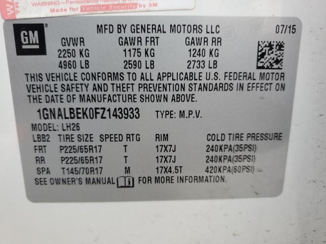 2015 Chevrolet Equinox Lt VIN: 1GNALBEK0FZ143933 Lot: 53155794