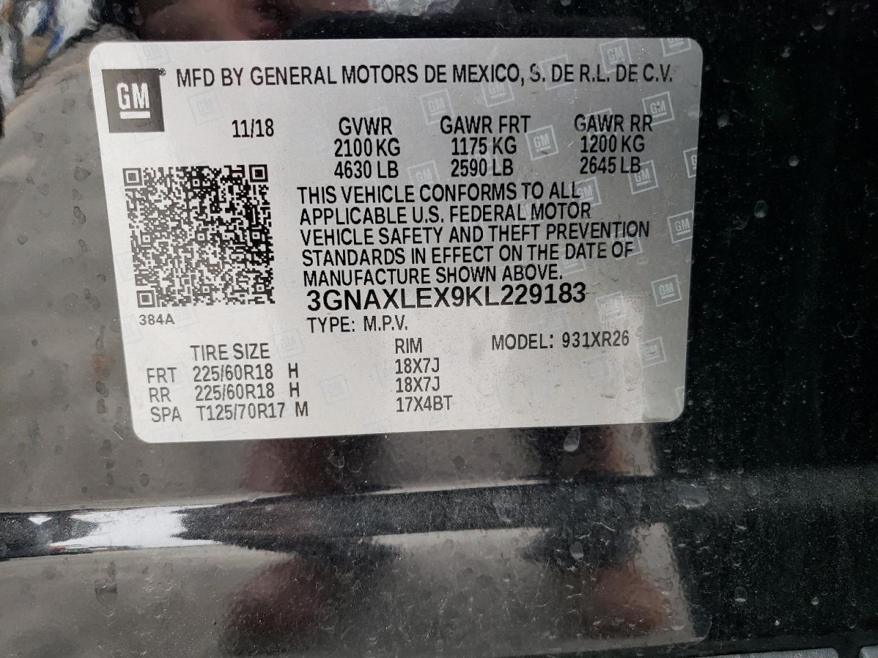 3GNAXLEX9KL229183 2019 Chevrolet Equinox Lt