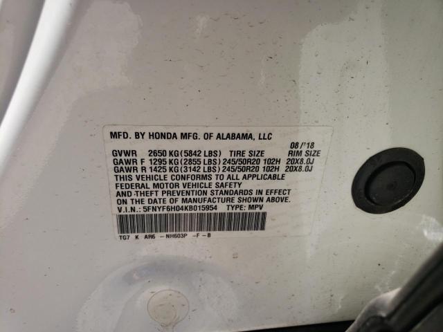 2019 Honda Pilot Elite VIN: 5FNYF6H04KB015954 Lot: 54789584