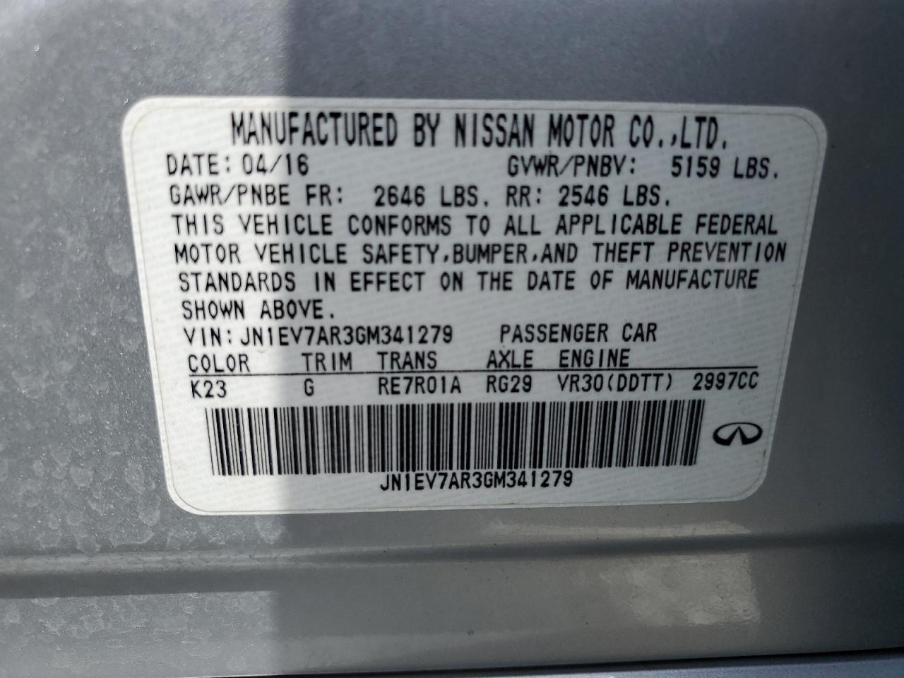 JN1EV7AR3GM341279 2016 Infiniti Q50 Premium