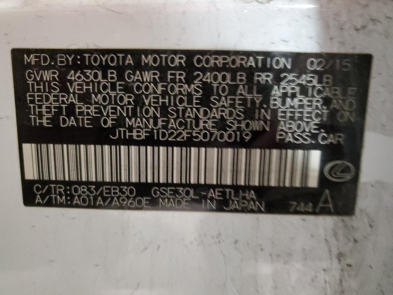 JTHBF1D22F5070019 2015 Lexus Is 250