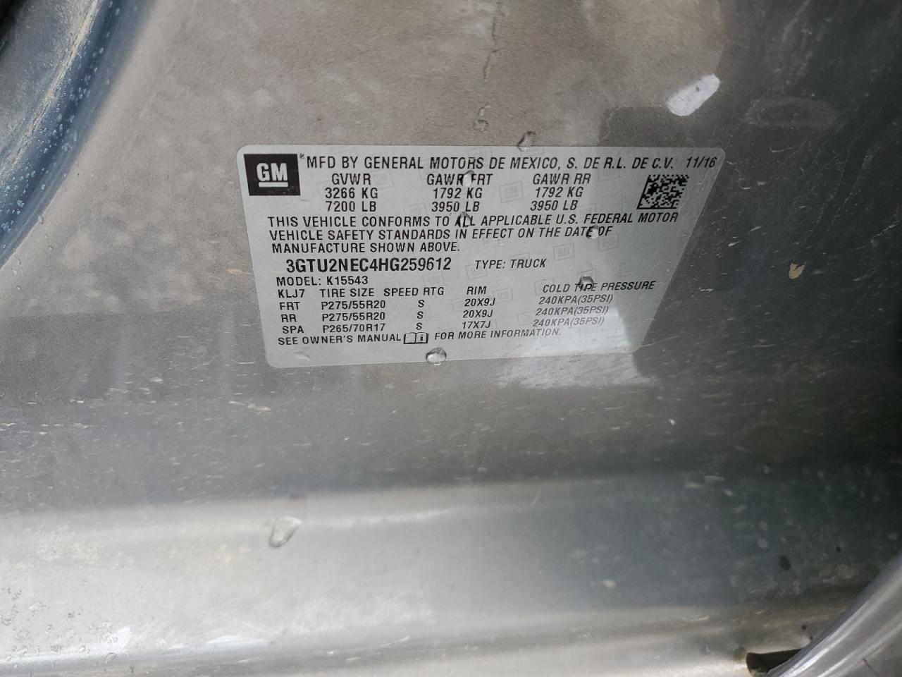 3GTU2NEC4HG259612 2017 GMC Sierra K1500 Slt