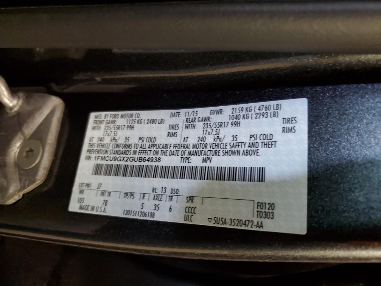 1FMCU9GX2GUB64938 2016 Ford Escape Se