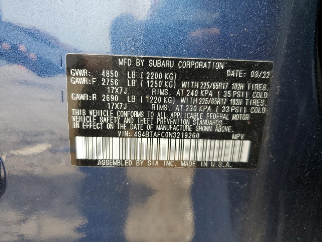 4S4BTAFC0N3219260 2022 Subaru Outback Premium