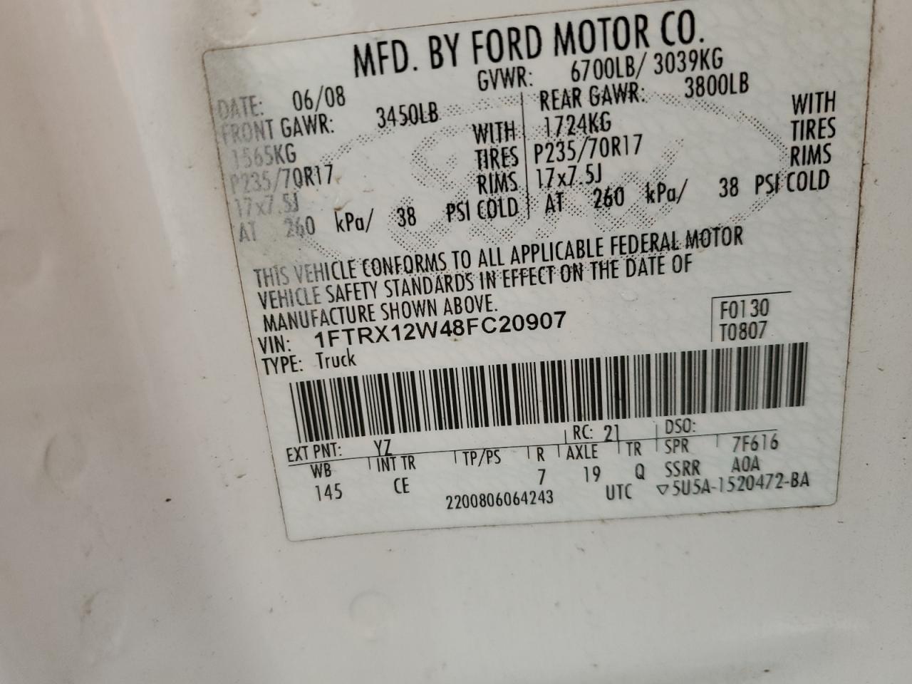 1FTRX12W48FC20907 2008 Ford F150