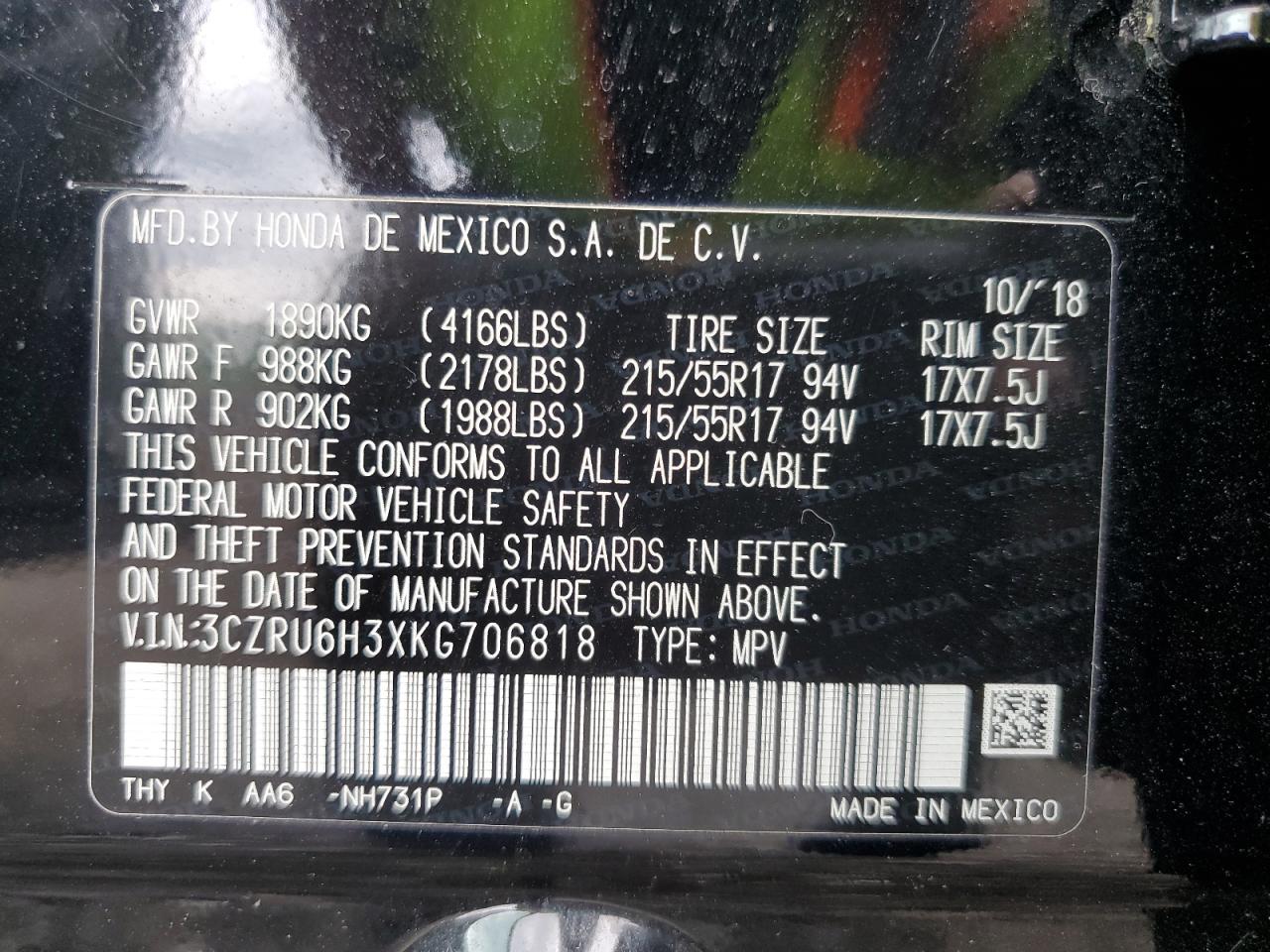 3CZRU6H3XKG706818 2019 Honda Hr-V Lx