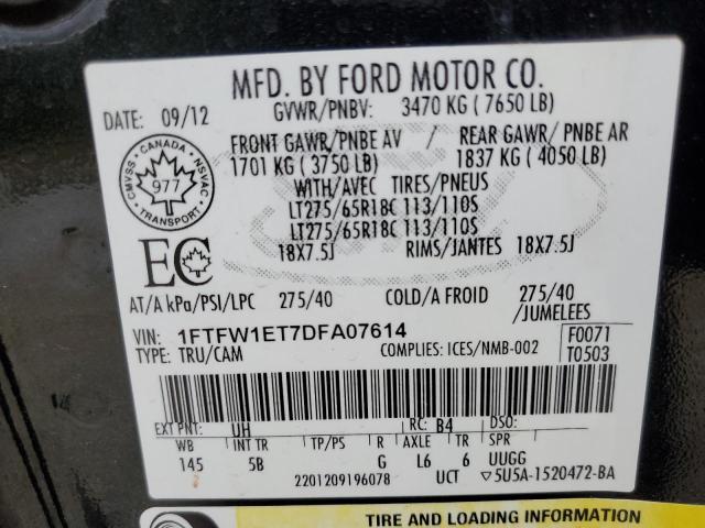 2013 Ford F150 Supercrew VIN: 1FTFW1ET7DFA07614 Lot: 55024064