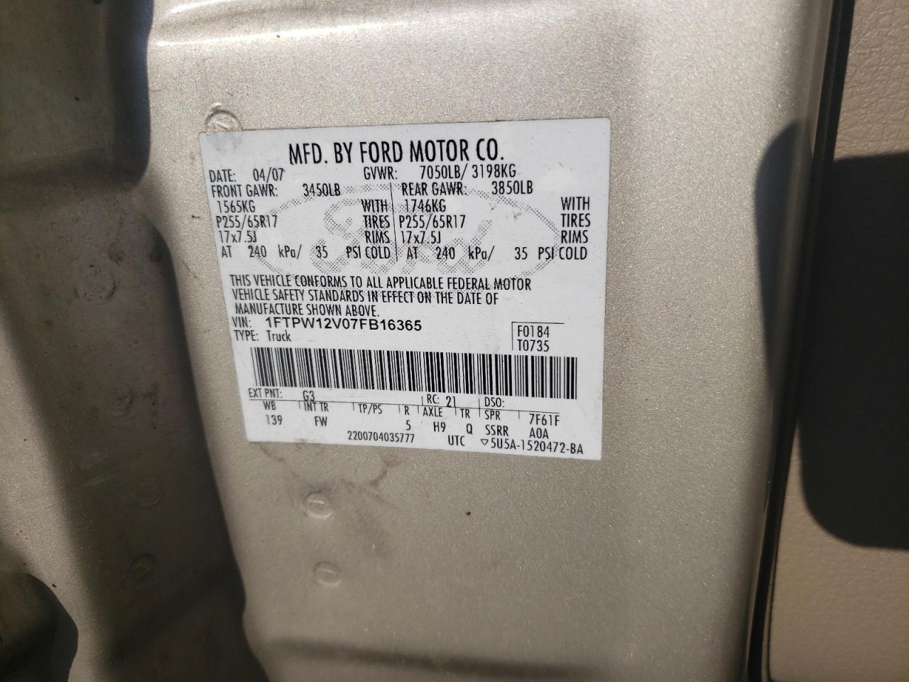 1FTPW12V07FB16365 2007 Ford F150 Supercrew