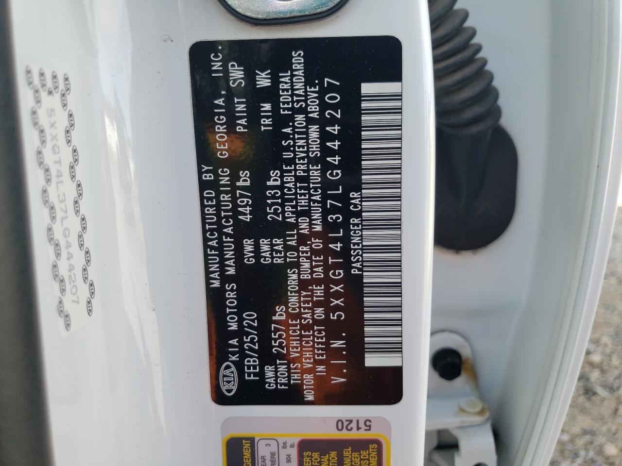 5XXGT4L37LG444207 2020 Kia Optima Lx