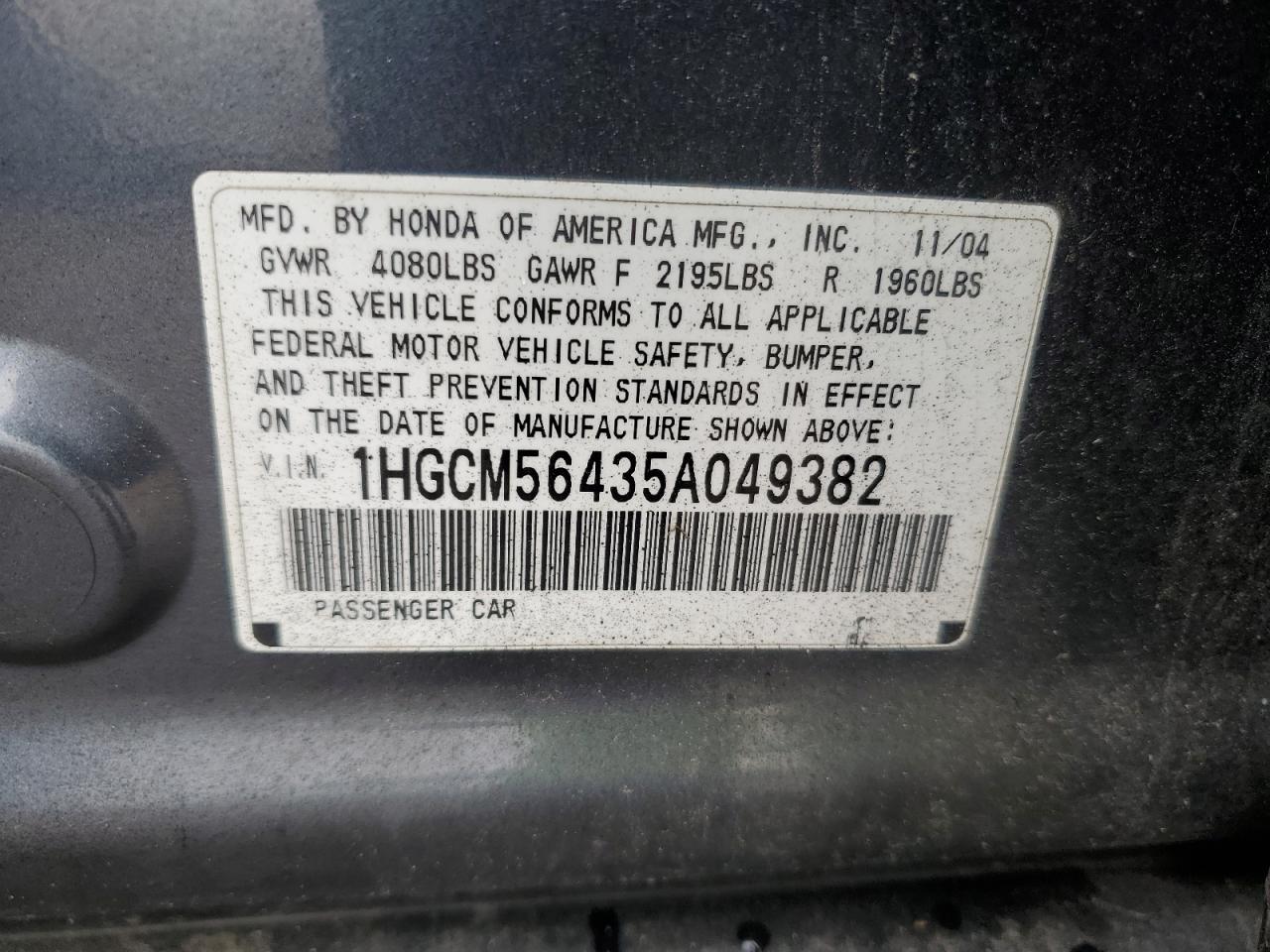 1HGCM56435A049382 2005 Honda Accord Lx