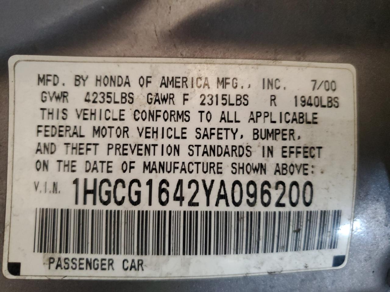 1HGCG1642YA096200 2000 Honda Accord Lx