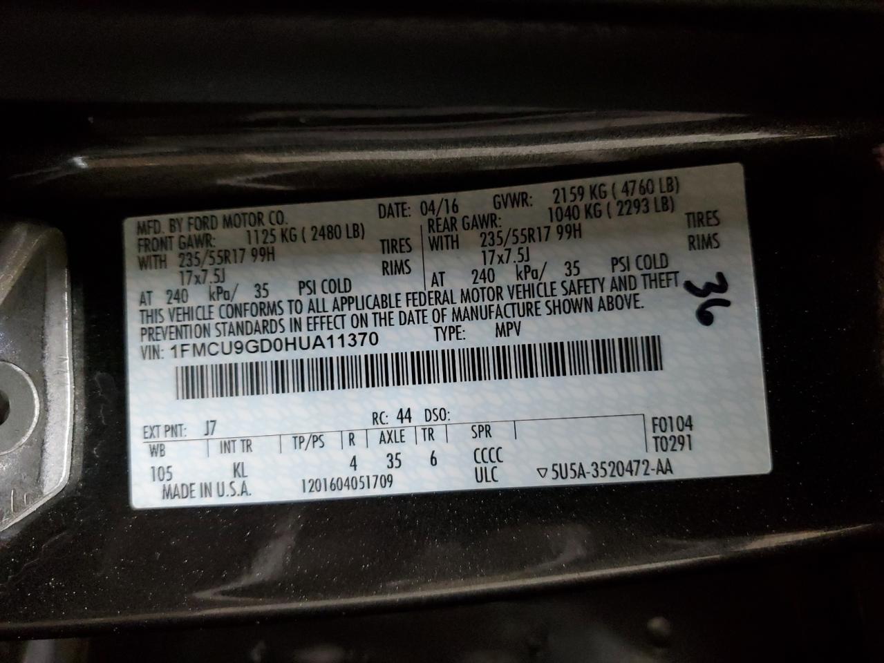 1FMCU9GD0HUA11370 2017 Ford Escape Se