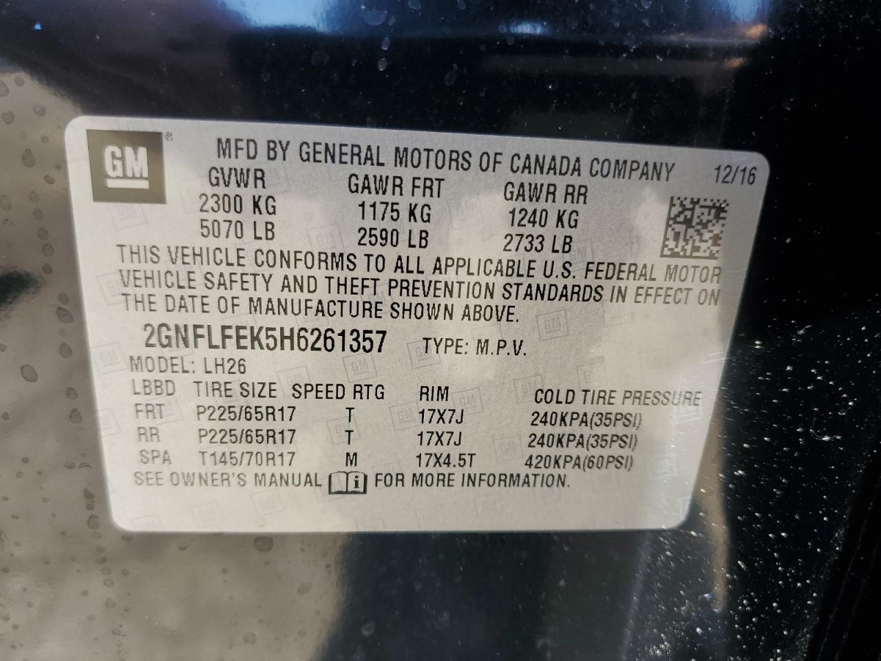 2GNFLFEK5H6261357 2017 Chevrolet Equinox Lt