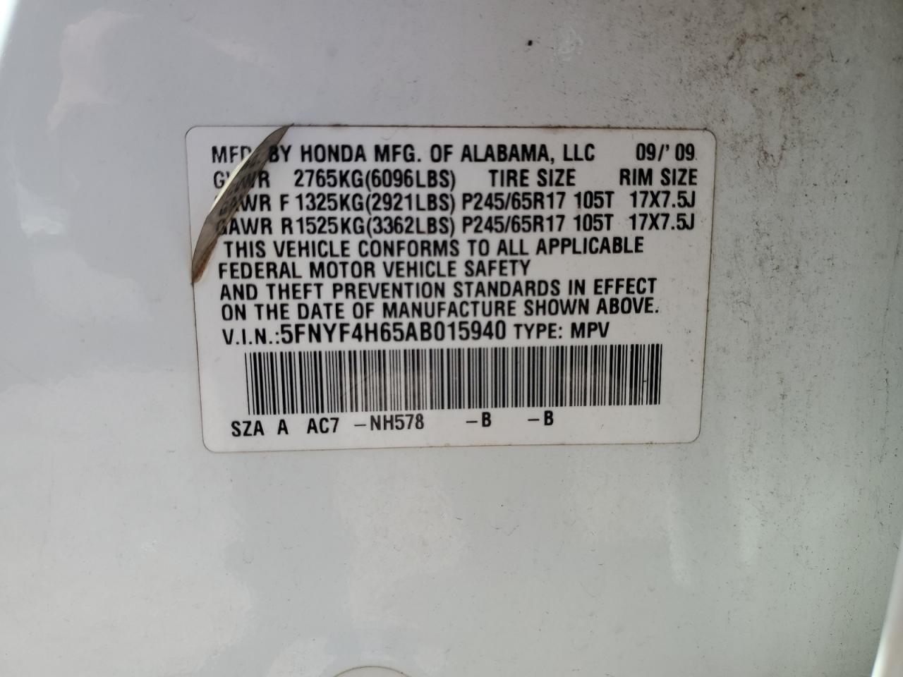 5FNYF4H65AB015940 2010 Honda Pilot Exl