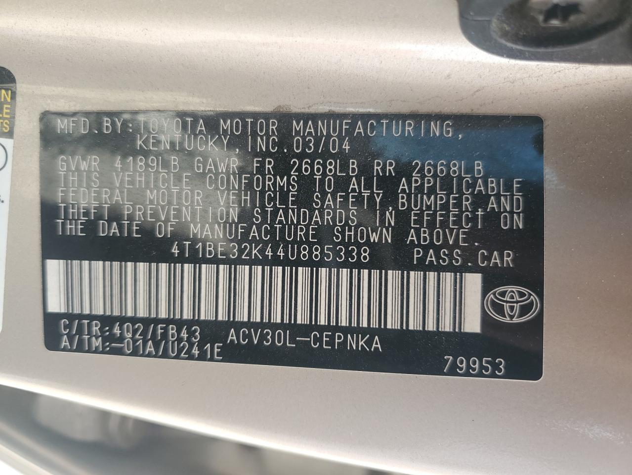 4T1BE32K44U885338 2004 Toyota Camry Le