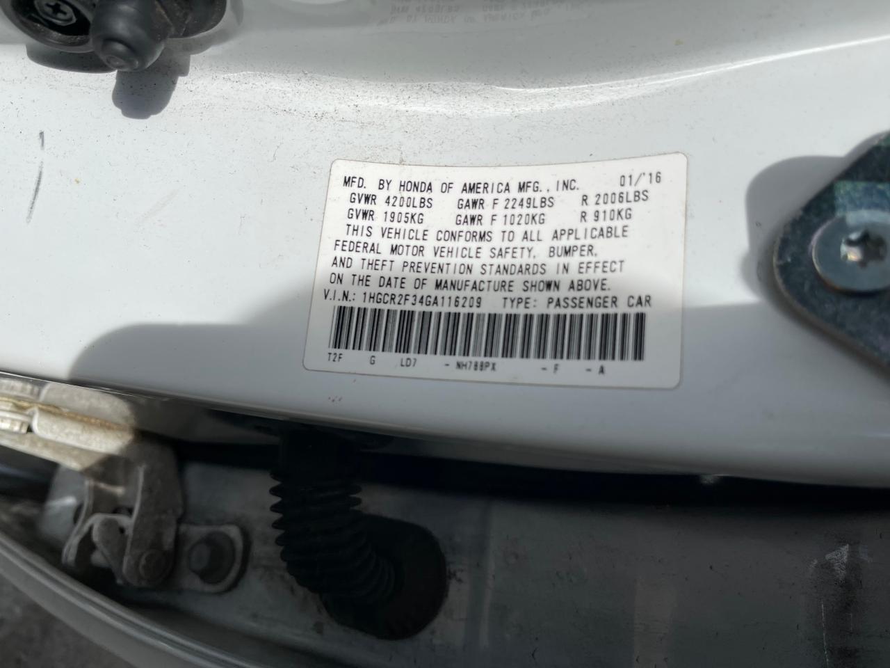 1HGCR2F34GA116209 HONDA ACCORD 2016