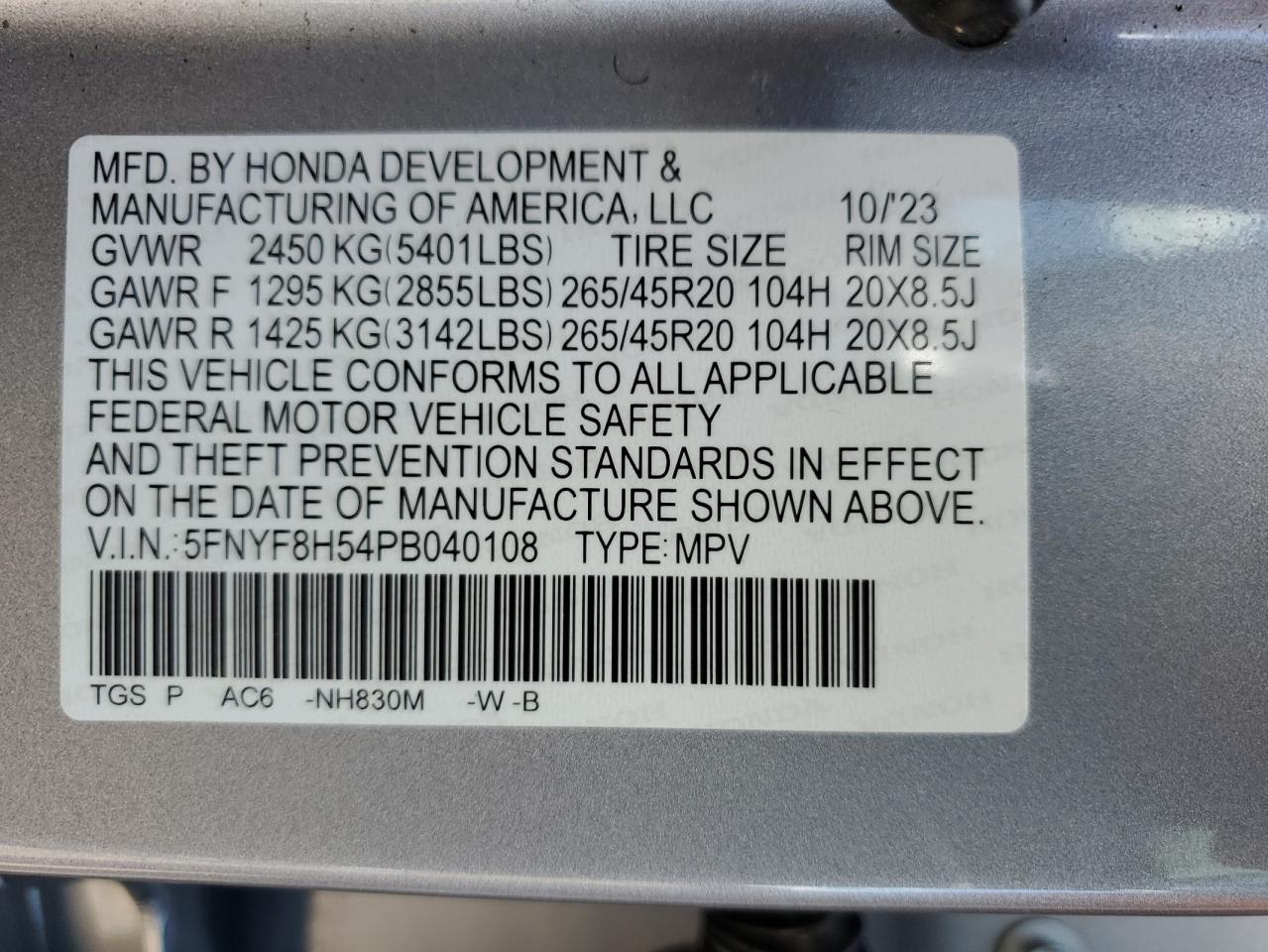 5FNYF8H54PB040108 HONDA PASSPORT 2023