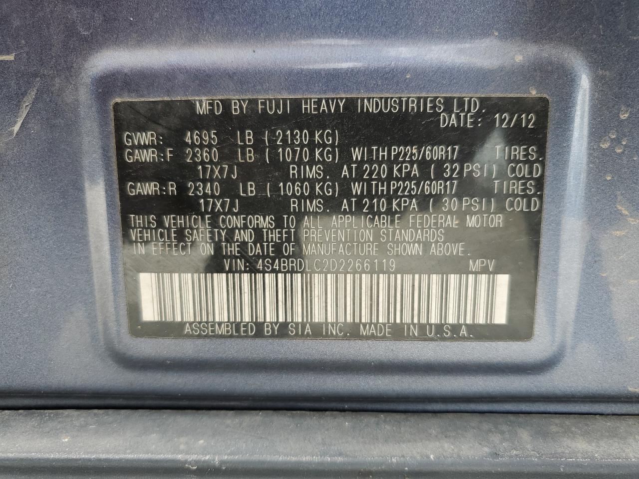 4S4BRDLC2D2266119 2013 Subaru Outback 3.6R Limited