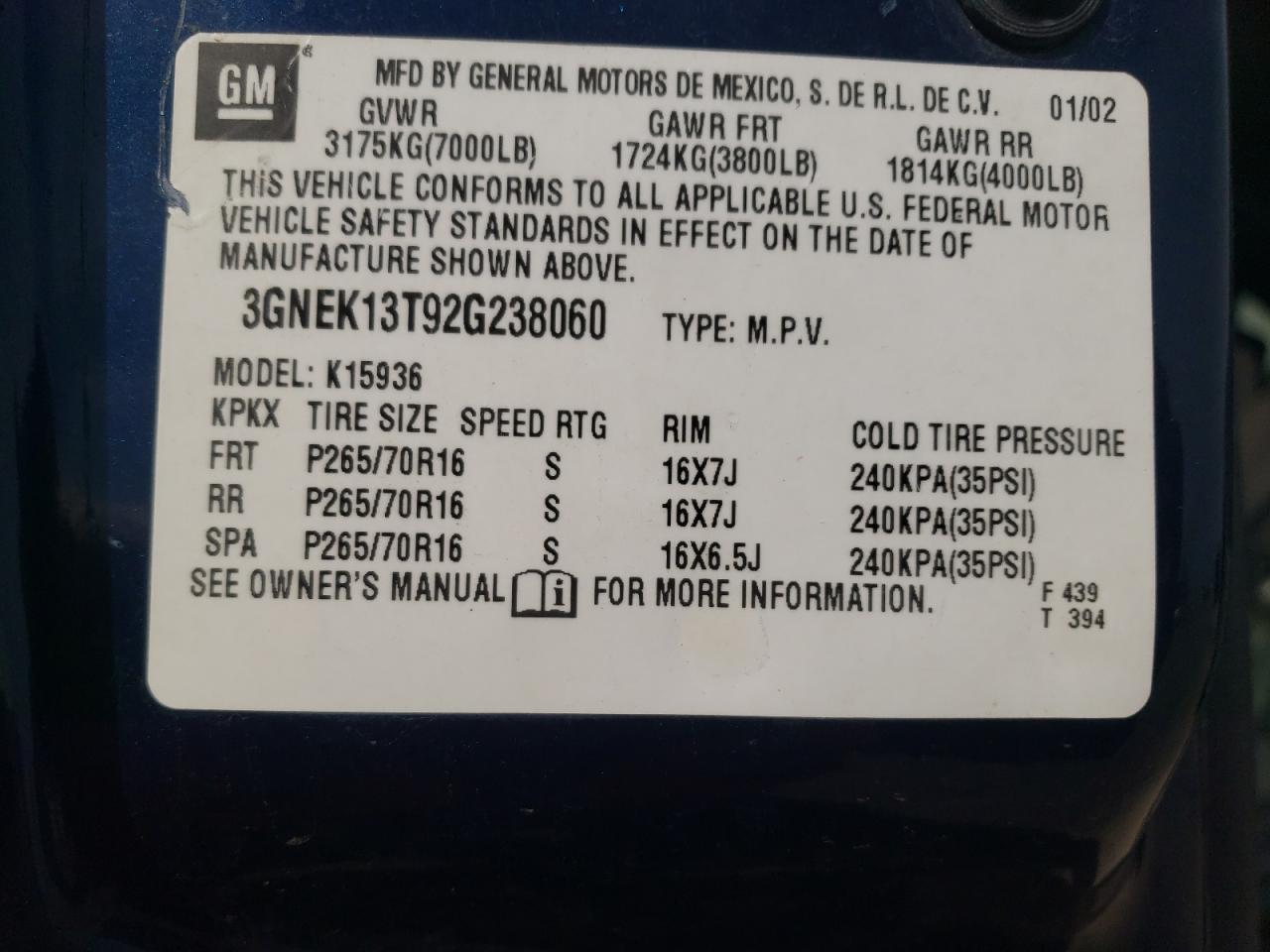 3GNEK13T92G238060 2002 Chevrolet Avalanche K1500