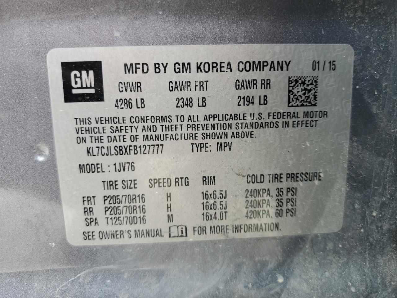 KL7CJLSBXFB127777 2015 Chevrolet Trax 1Lt