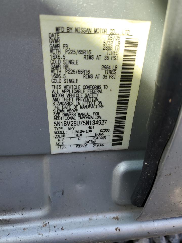 5N1BV28U75N134927 2005 Nissan Quest S