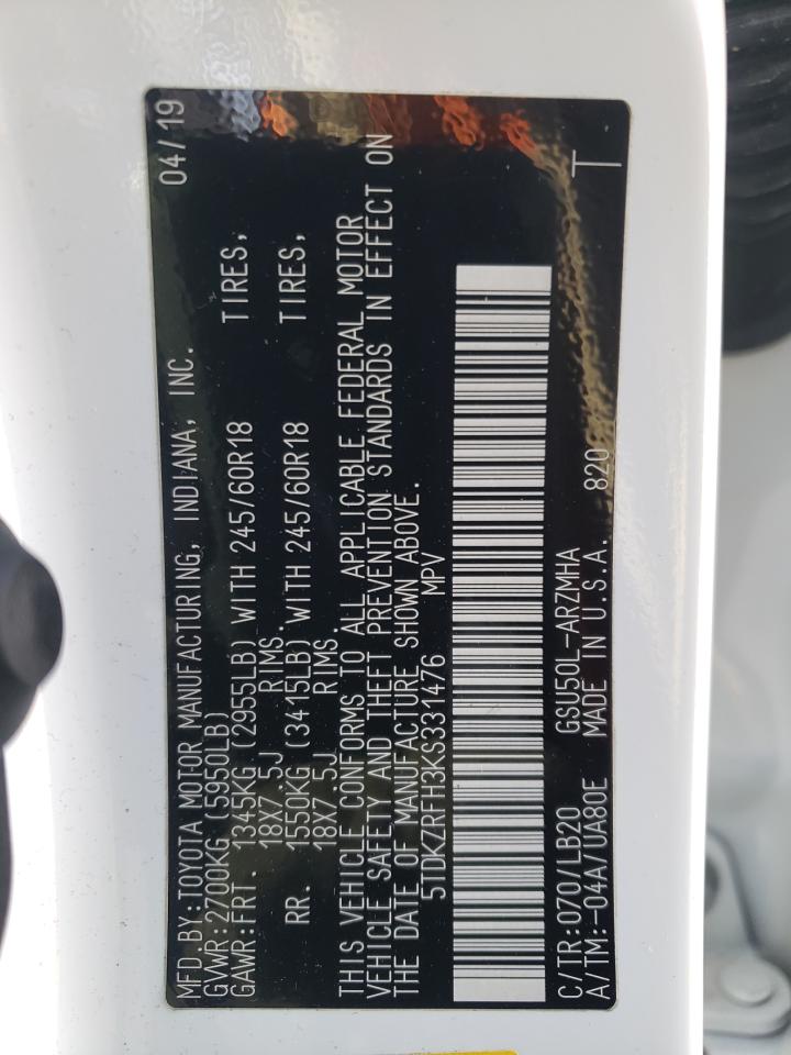 5TDKZRFH3KS331476 2019 Toyota Highlander Se