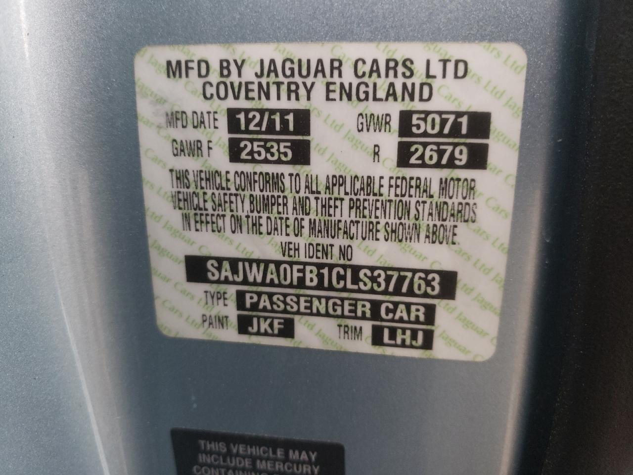 SAJWA0FB1CLS37763 2012 Jaguar Xf