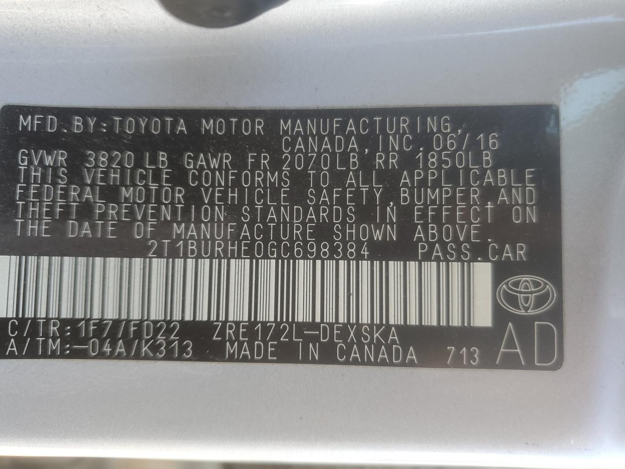 2T1BURHE0GC698384 2016 Toyota Corolla L