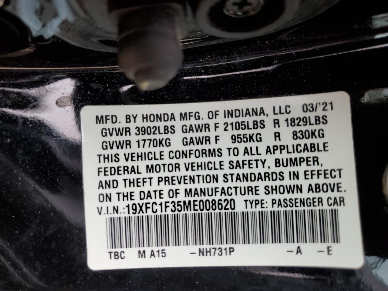 19XFC1F35ME008620 2021 Honda Civic Ex