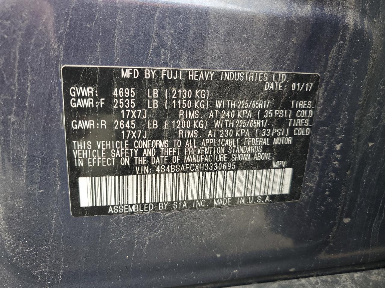 4S4BSAFCXH3330695 2017 Subaru Outback 2.5I Premium