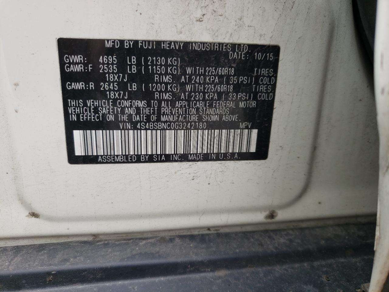 4S4BSBNC0G3242180 2016 Subaru Outback 2.5I Limited