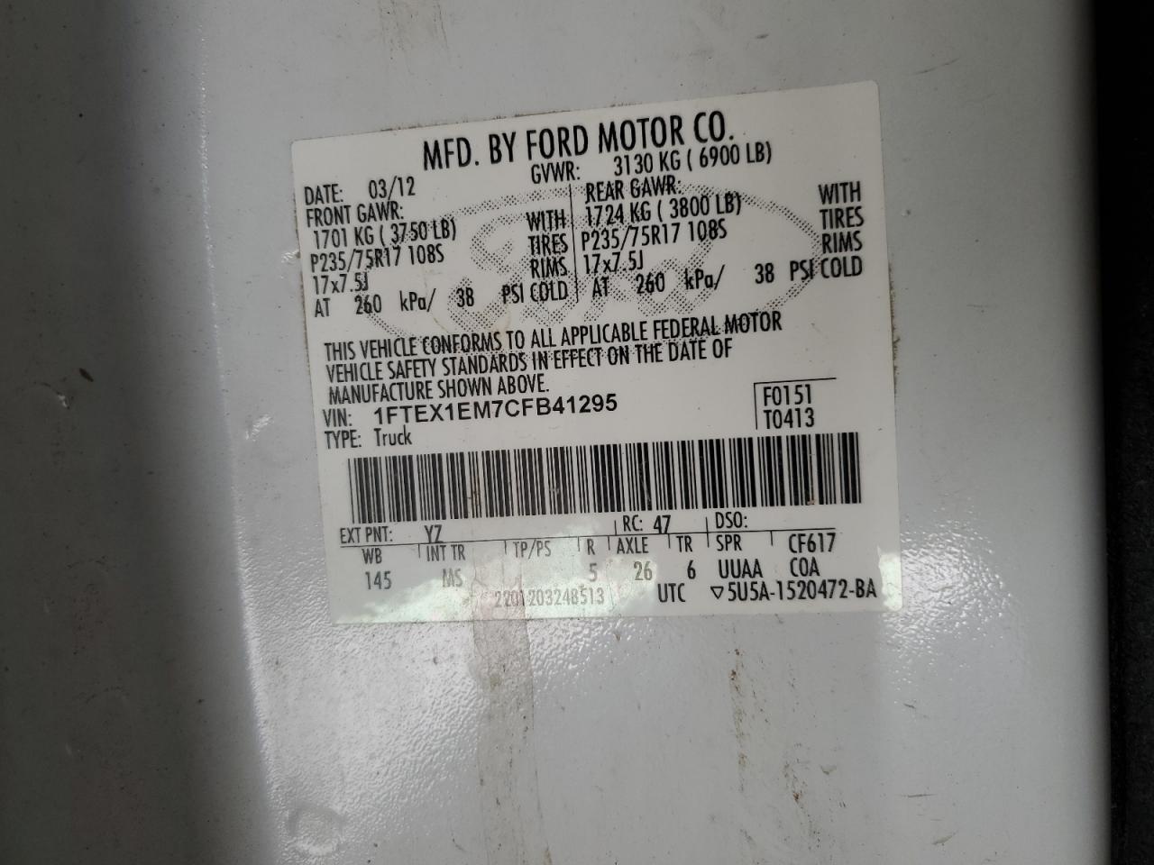 1FTEX1EM7CFB41295 2012 Ford F150 Super Cab