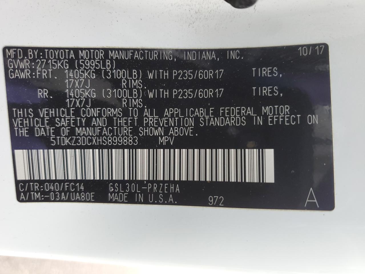 5TDKZ3DCXHS899883 2017 Toyota Sienna Le