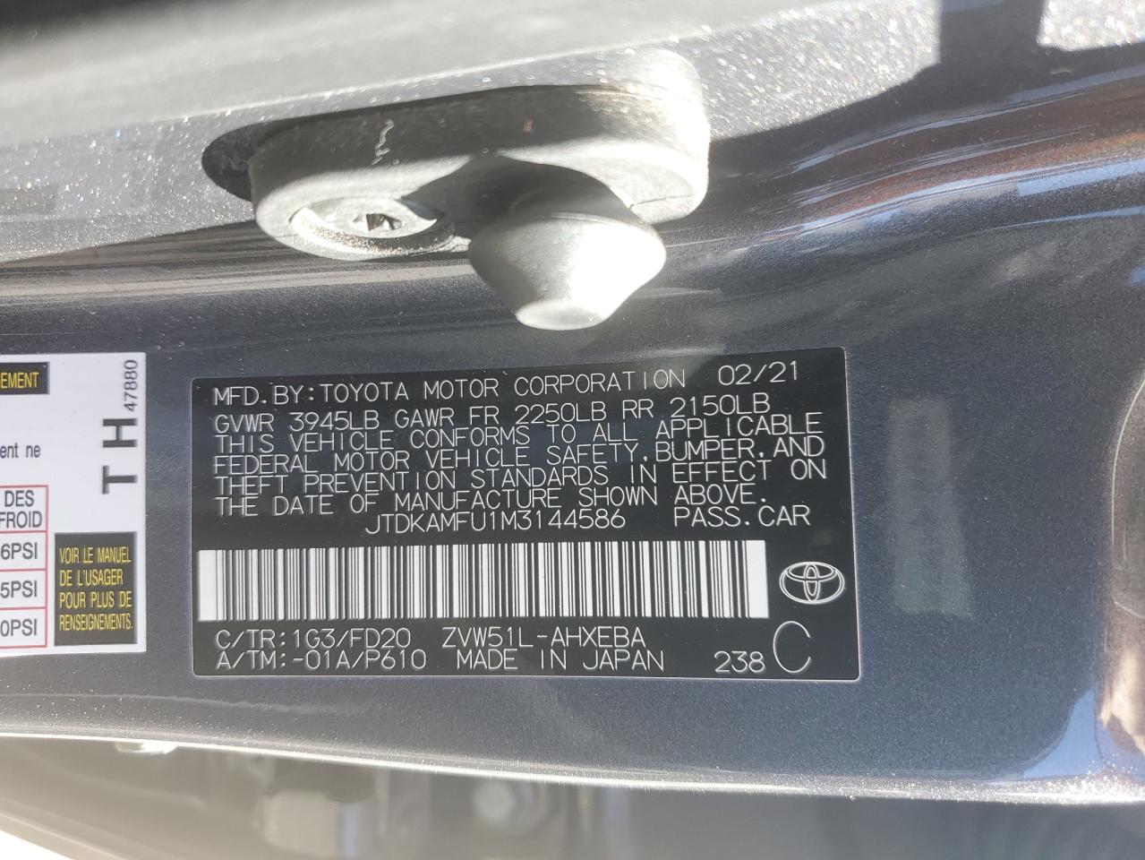 JTDKAMFU1M3144586 2021 Toyota Prius Special Edition