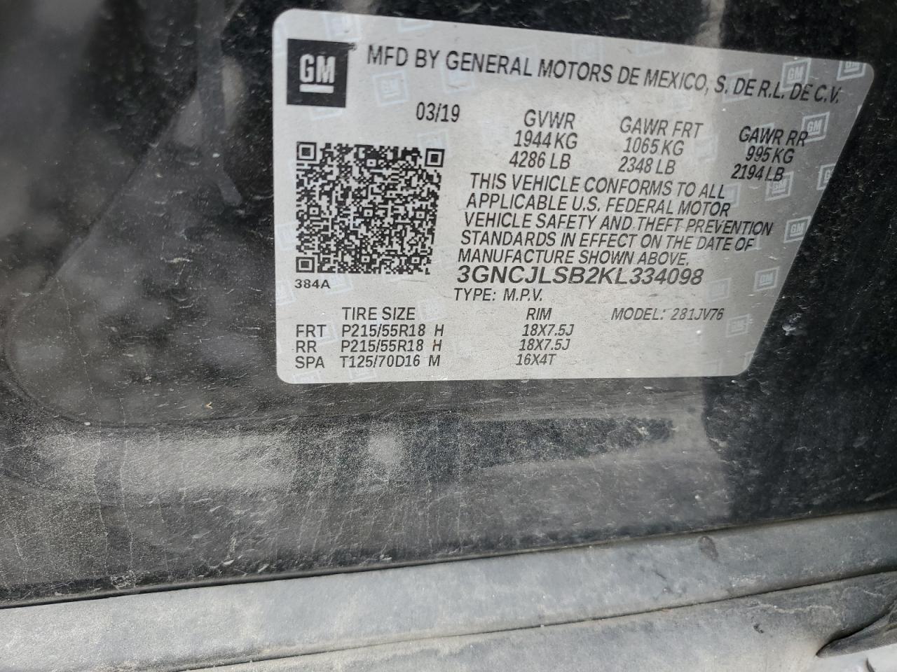 3GNCJLSB2KL334098 CHEVROLET TRAX 2019