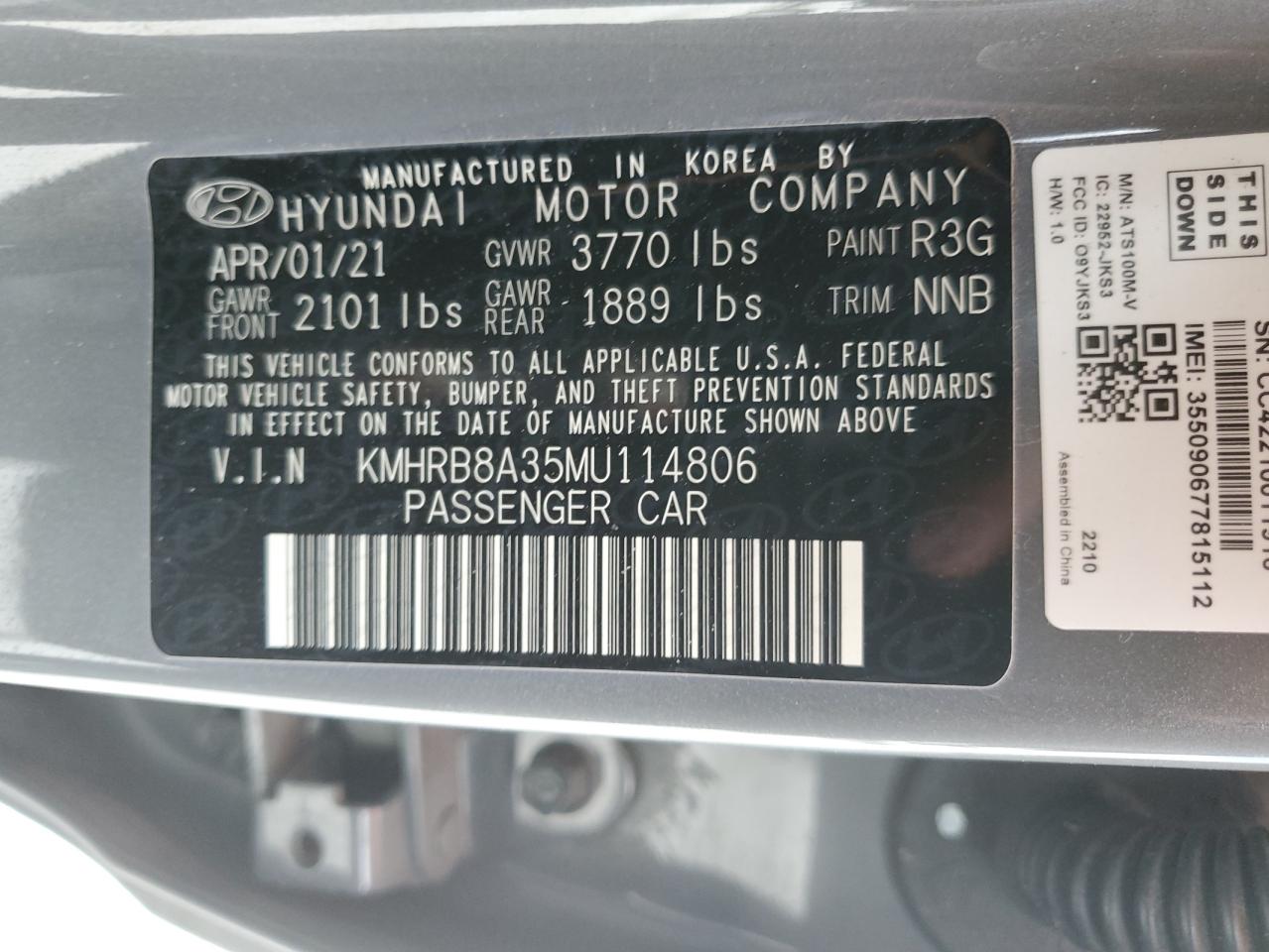 KMHRB8A35MU114806 2021 Hyundai Venue Se