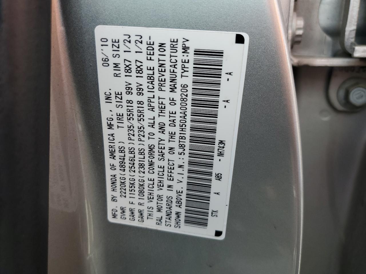 5J8TB1H50AA008206 2010 Acura Rdx Technology