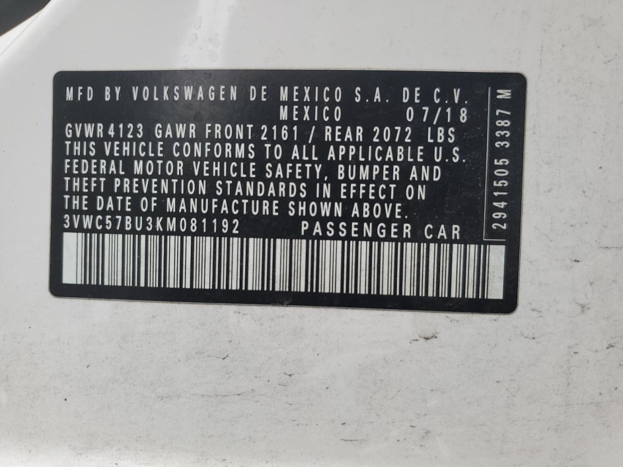 3VWC57BU3KM081192 2019 Volkswagen Jetta S