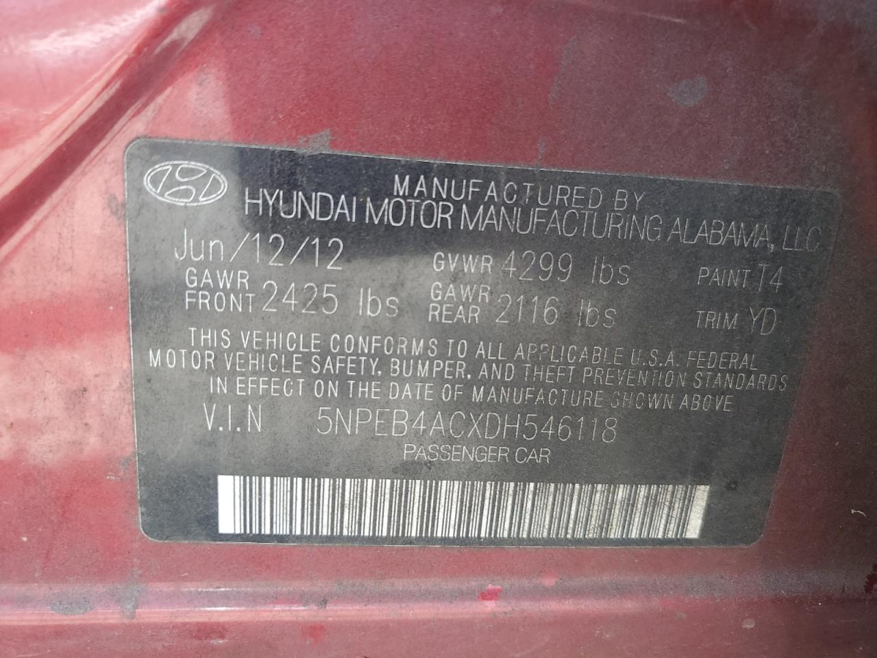 5NPEB4ACXDH546118 2013 Hyundai Sonata Gls